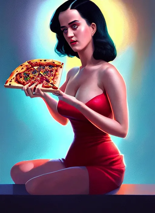 Image similar to portrait of katy perry eating pizza, intricate, elegant, glowing lights, highly detailed, digital painting, artstation, concept art, smooth, sharp focus, illustration, art by wlop, mars ravelo and greg rutkowski