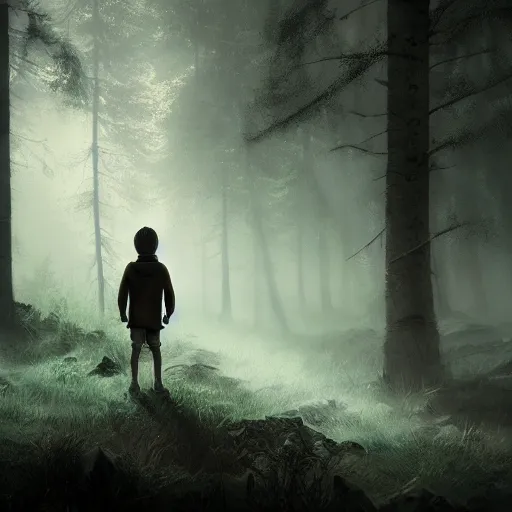 Prompt: a lost boy in the woods, horror, eldritch, unreal engine, dramatic lighting, digital art, mist, digital illustration, detailed environment, fantasy