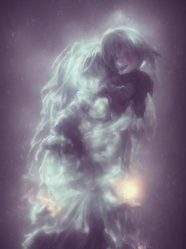 Image similar to cute fumo plush of a cursed frail witch girl held tight in the arms of a translucent ghost mother, hugging and cradling, anime, melting volumetric smoke and fog, environment map pbr reflective stormy water, gothic maiden, bokeh, vignette, vray
