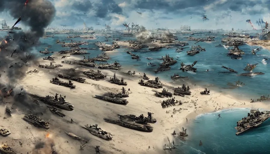 Image similar to d - day on miami beach, war, troops, boats, planes, explosions, hyperdetailed, artstation, cgsociety, 8 k