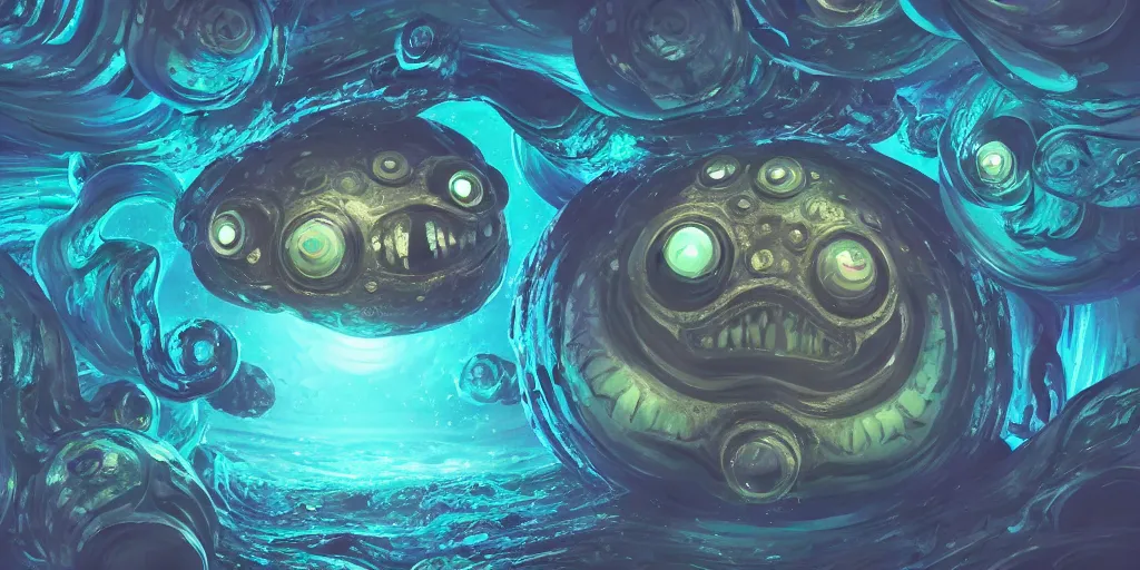 Image similar to of an intricate deep sea with strange cute friendly happy creatures with huge eyes, long tongue, round teeth and goofy funny face, appearing from the background, in the style of gehry and gaudi, macro lens, shallow depth of field, ultra detailed, digital painting, trending artstation, concept art, illustration, cinematic lighting, photorealism, epic, octane render