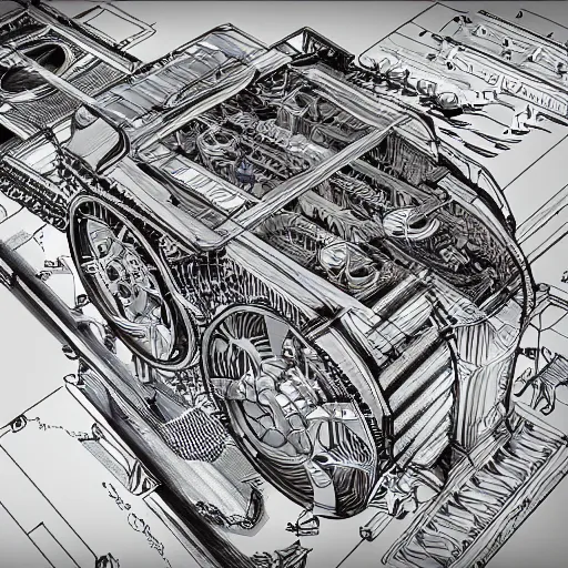 Image similar to complex machine blueprint, very intricate drawing, trending on ArtStation, digital painting