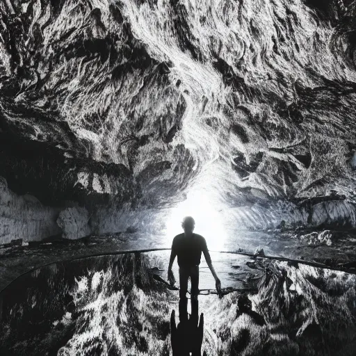 Prompt: head of walter whitr emerges from a lava lake, cave background, high detail, lava reflections, cave reflecting in the lava lake, dramatic shot