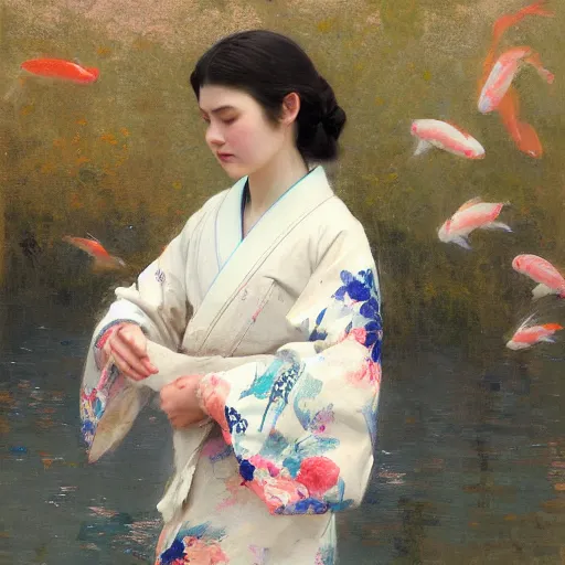 Image similar to girl in kimono, koi fish flying around her, jeremy lipking, joseph todorovitch