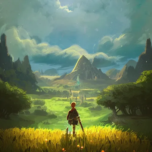 Prompt: a beautiful digital matte painting of a verdant fantasy countryside, breath of the wild, hyrule, inspired by cyril rolando, david wiesner, many golden layers, orange color tone, very far royal steampunk castle, cgsociety, tarot card, trending on artstation, azure sky