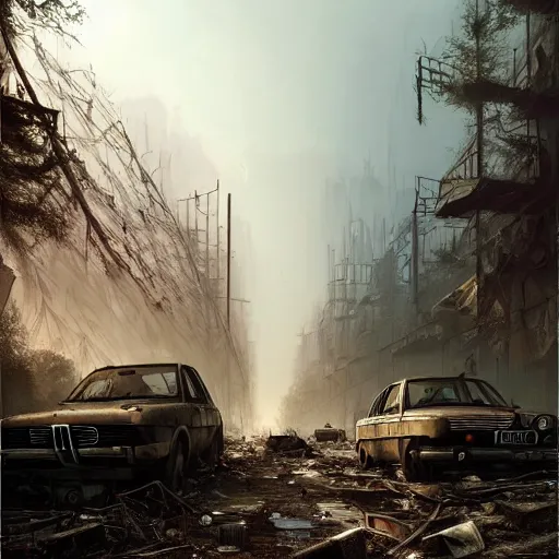 Prompt: postapocalyptic city of munic!!!, wild forest!!! vegetation!!!, rubble!!, rusty bmw cars!!, hyperrealistic, highly detailed, cinematic, foggy light from fires, beautiful, cgssociety, artstation, 8 k, oil painting by greg rutkowski, by artgerm, by wlop