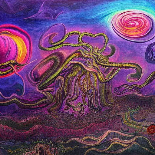 Image similar to a painting of a lovecraftian landscape in a psychedelic world