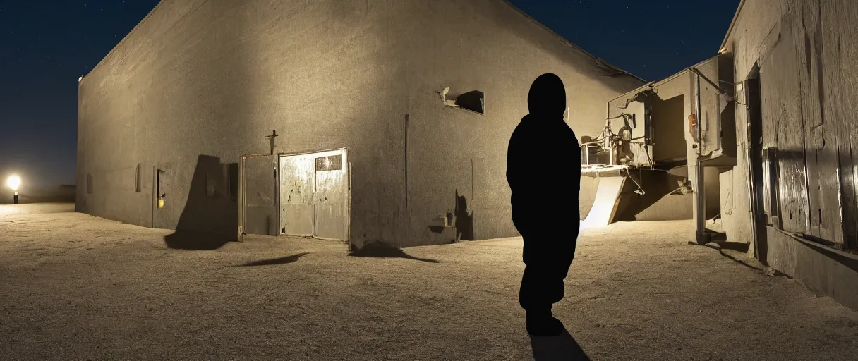 Prompt: a high quality color wide shot hd 4 k film 3 5 mm photograph of a bulky figure wearing a hoodie in full shadow silhouette sneaking around the exterior a top secret military base in antarctica at night