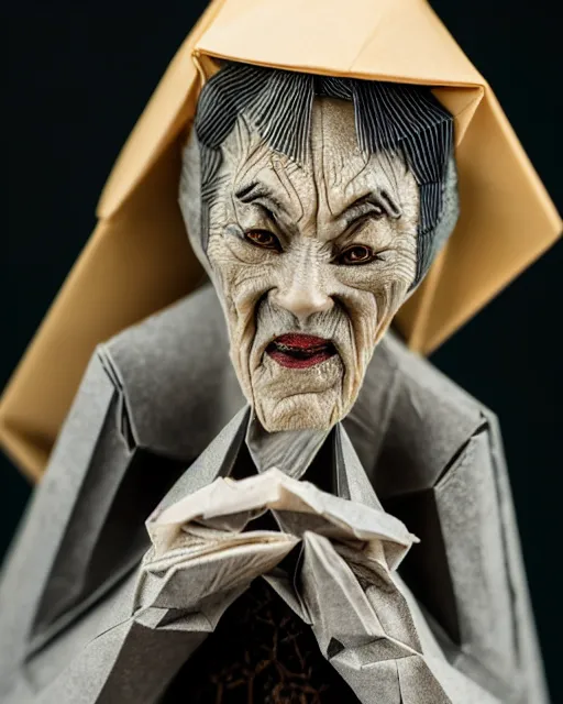 Image similar to an origami wrinkled old witch by akira yoshizawa, realistic, very detailed, complex, intricate, studio lighting, bokeh, sigma 5 0 mm f 1. 4