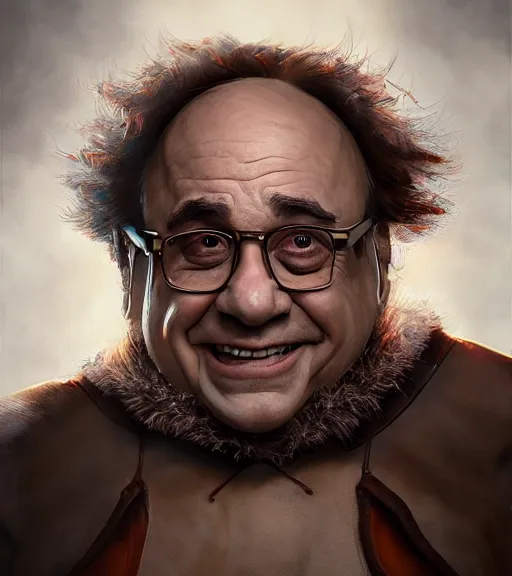 Prompt: An epic fantasy comic book style portrait painting of Danny DeVito, fisheye lens, unreal 5, DAZ, hyperrealistic, octane render, cosplay, RPG portrait, dynamic lighting