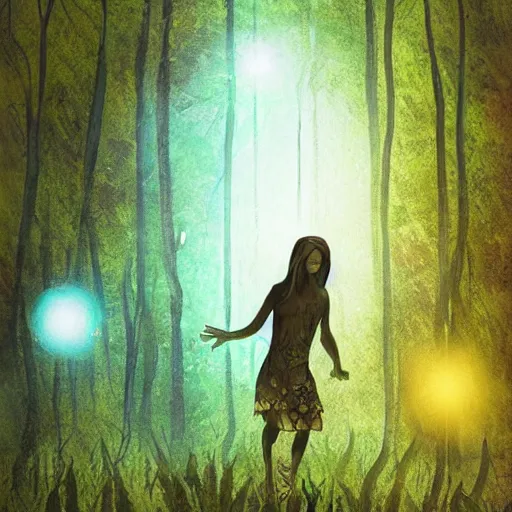 Prompt: a dirty lost person is following a floating blue glowing ball of light through the swampy forest, art by Afda Trihatma .