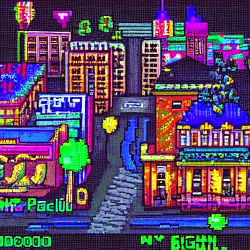 Prompt: 16 bit pixel art city night
