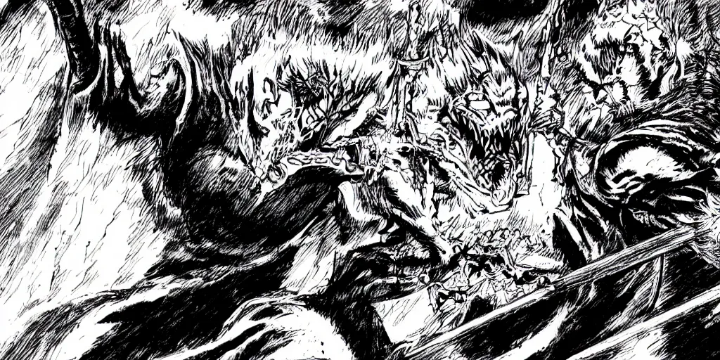 Image similar to Guts from the Berserk manga fighting a demon, manga style, high-detailed illustration