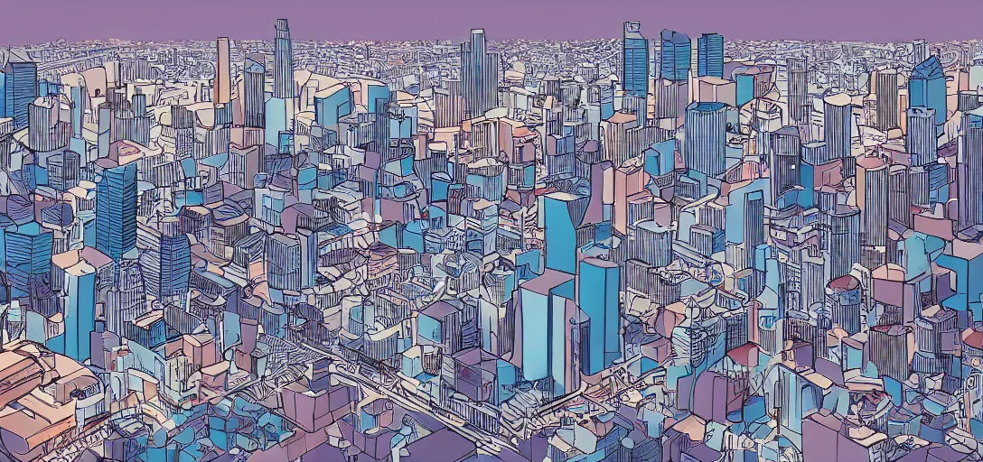 Image similar to visual development for los angeles cityscape skyline by lou romano and dice tsutsumi