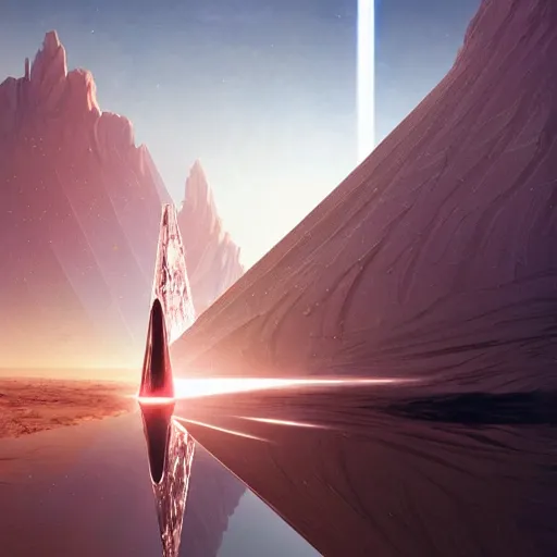 Image similar to huge angular vertical complex translucent crystals in the desert, reflection from the crystal is sparkling due to sun, small retro starship in the sky, futuristic hi-tech details, art by anthony macbain + greg rutkowski + alphonse mucha, concept art, 4k, sharp focus, cinematic render unreal engine