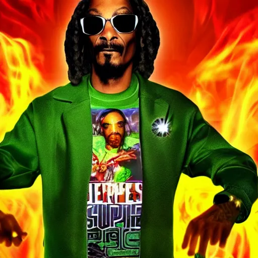 Image similar to Snoop Dogg starring as a futuristic Marvel Super Hero holding green fire for a 2019 Marvel Movie poster, cinematic, 4K, HD