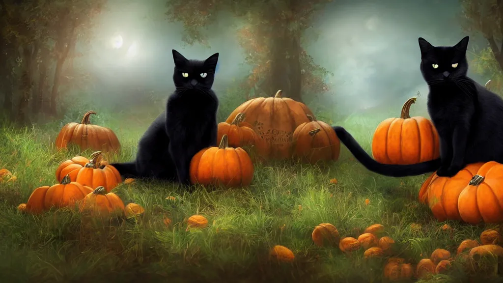 Image similar to beautiful black cat with a pumpkin in the woods ” beautiful dreamscape, digital art, concept art, detailed, lovely colors, art station, 3 - d 4 k, beautiful background, matte painting,,