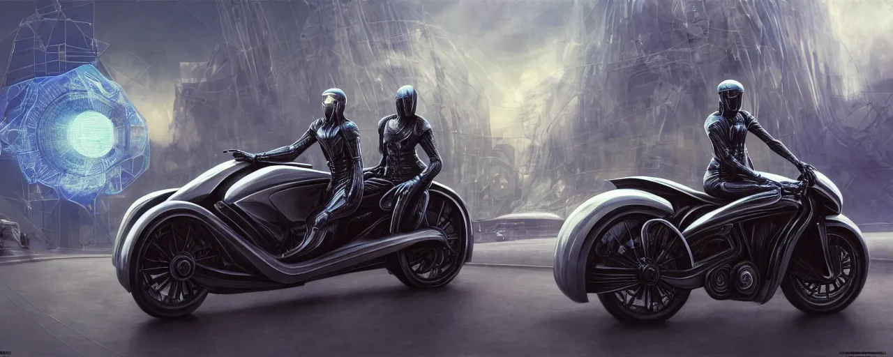 Prompt: nikola tesla riding a futuristic motorbike designed by h. r. giger, nikola is driving through a city with heavy traffic, rule of thirds, uhd 8 k, high detail, masterpiece, cinematic, bokeh, hyperdetailed, photorealistic, hyperrealism, intricate, by stanley artgerm lau, greg rutkowski, moebius