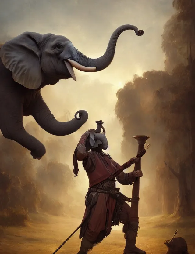 Image similar to painting of a man with an elephant face wearing bard costume and holding a harp, epic, trending on artstation, masterpiece, cinematic lighting, by ross tran and by greg rutkowski