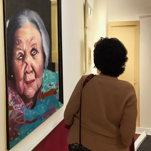 Image similar to old woman staring at a painting of her younger self