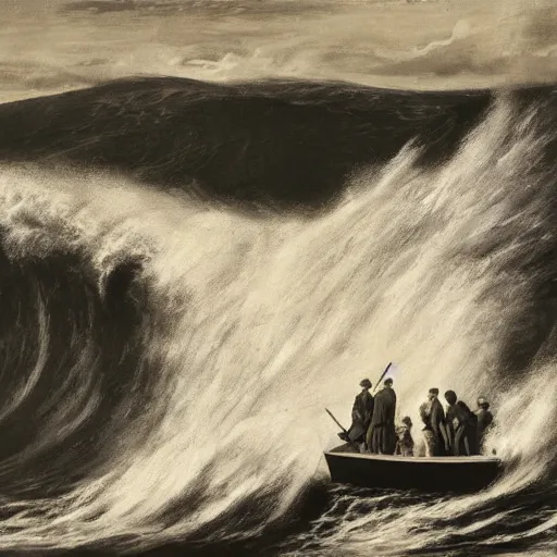 Image similar to by edwin austin abbey, by max dupain jaunty. the digital art of a huge wave about to crash down on three small boats. the boats are filled with people, & they all look terrified.