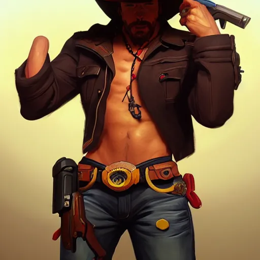 Prompt: Jesse McCree by Stanley Artgerm Lau, greg rutkowski, thomas kindkade, alphonse mucha, loish, Norman Rockwell, Overwatch, upper body, muscular, cowboy, concept art, game art, digital painting, digital art, portrait