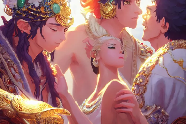 Image similar to close up moment of a divine a sun god and a moon goddess lovers magician at a wedding banquet, highly detailed, d & d, fantasy, 4 k realistic, digital painting, trending on artstation, concept art, sharp focus, illustration, art by makoto shinkai and akihiko yoshida and daniel gerhartz