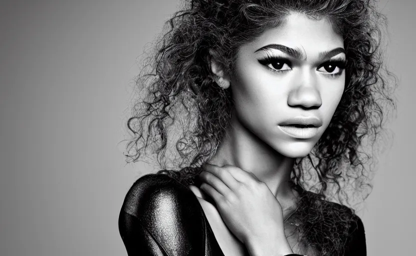 Image similar to photographic portrait by Andy Gotts of Zendaya, closeup, sigma 85mm f/1.4, 15mm, 35mm, 4k, high resolution, 4k, 8k, hd, full color