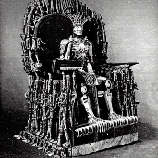 Image similar to grainy 1800s photo of the high cybernetic warrior crown prince overlord in triumph on his throne. his throne is made of human bones