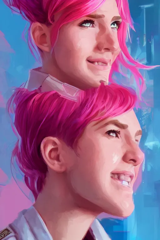 Image similar to a portrait of an attractive female sci fi pilot with pink hair, bangs, playful, grinning, illustration by aleksei vinogradov, trending on artstation