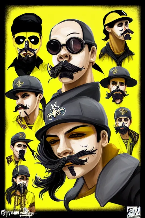 Prompt: saints street gang wear yellow bandanas, and some of them have thick mustache, digital art, artgrem, banksy, illustration, concept art, pop art style, dynamic comparison, fantasy, bioshock art style, gta chinatowon art style, hyper realistic, face and body features, without duplication noise, hyperdetails, differentiation, sharp focus, intricate