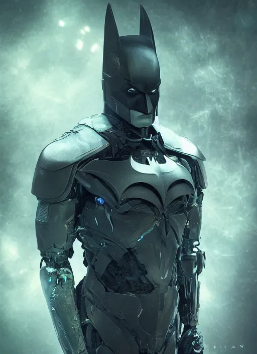 Image similar to portrait of futuristic batman cyborg, dark art, modern fine art, fractal, intricate, elegant, highly detailed, digital photography, subsurface scattering, by jheronimus bosch and frank miller and greg rutkowski,