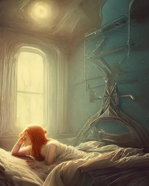 Prompt: beautiful painting of a elven sleeping on a bedroom, poster art by mor than, cgsociety, space art, sci - fi, cosmic horror, sense of awe, art by mike winkelmann, sky night, illustration, highly detailed, simple, smooth and clean vector curves, no jagged lines, vector art, smooth, artstation