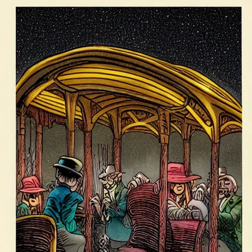 Prompt: some people waiting in bus stop in dark city night, detailed, high quality, high resolution, by don rosa