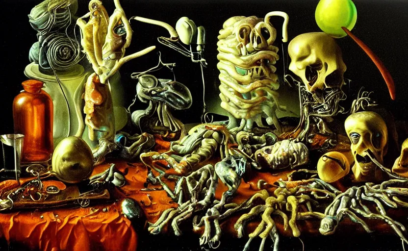 Image similar to strange cronenberg body, disturbing colorful oil painting dutch golden age vanitas still life sparse composition with bizarre objects strange gooey transparent surfaces shiny metal reflections bizarre mutant meat insects rachel ruysch dali todd schorr very detailed perfect composition rule of thirds masterpiece canon 5 0 mm, cinematic lighting, photography, retro, film, kodachrome