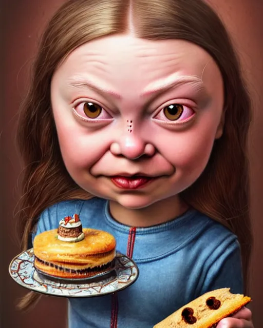 Image similar to highly detailed closeup, face profile portrait of a tin toy greta thunberg as a medieval goblin eating cakes in a castle, hyper realistic, artstation, illustration, nicoletta ceccoli, mark ryden, lostfish, dan decarlo, bob clampett, max fleischer, digital paint, matte paint, vivid colors, detailed and intricate environment