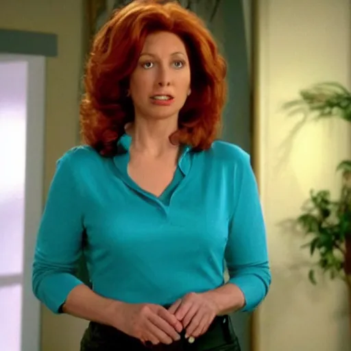 Image similar to A still of Lois Griffin from Family Guy in NCIS, turquoise blouse, tan pants