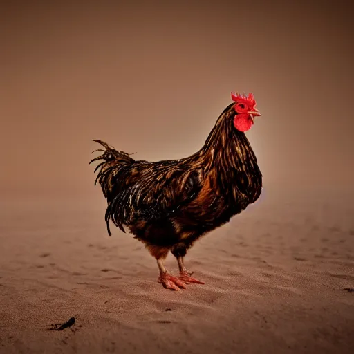 Image similar to realistic photograph of a chicken in a desert, high quality