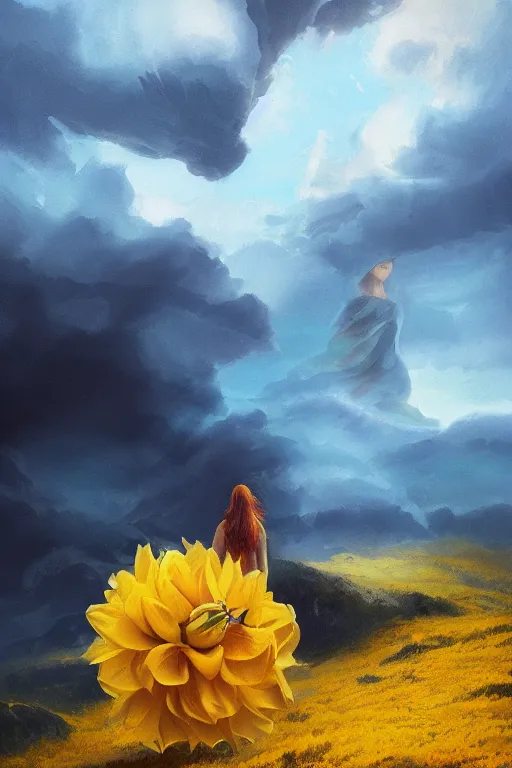 Image similar to closeup girl with huge yellow dahlia flower face, intricate, standing on mountain, surreal photography, blue storm clouds, dramatic light, impressionist painting, digital painting, artstation, simon stalenhag