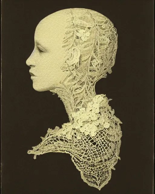 Image similar to a woman's face in profile, wearing a collared shirt, made of intricate decorative lace leaf skeleton, in the style of the dutch masters and gregory crewdson, dark and moody