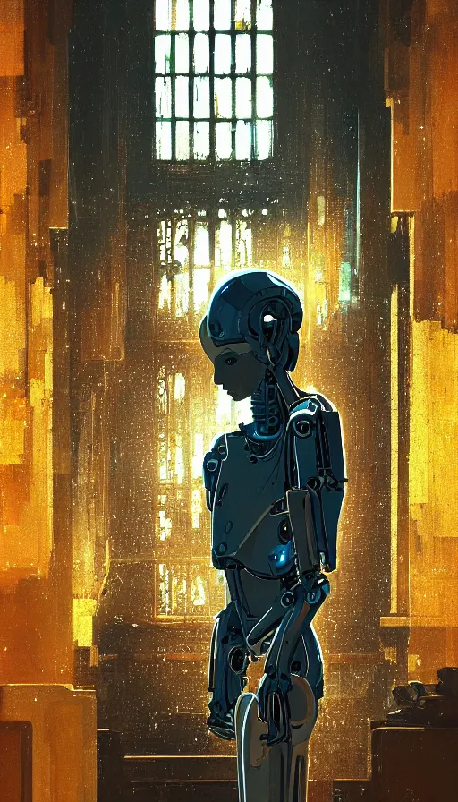 Image similar to portrait of broken humanoid metal robot praying in empty church, sunshine through window, bladerunner, cold color scheme, digital illustration, artstation, cinematic composition