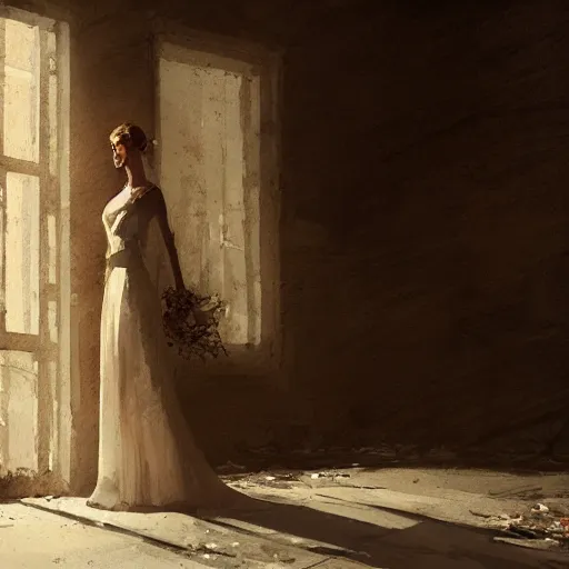 Image similar to A woman in a wedding dress in a dilapidated room, long shadow, dark room, vintage shading, warm colors, by Greg Rutkowski, artstation