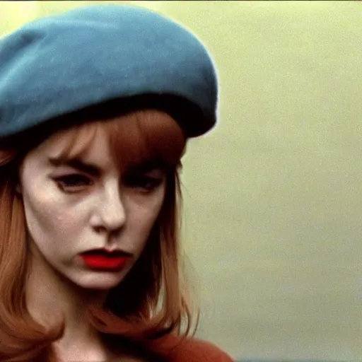 Image similar to still from a masterpiece 1 9 6 0 s french art film, very beautiful and elegant girl in beret with large eyebrows with an angry expression, moody lighting, viewed from afar, cinematic shot, the camera is focused on her conversation with a man, the movie is in color