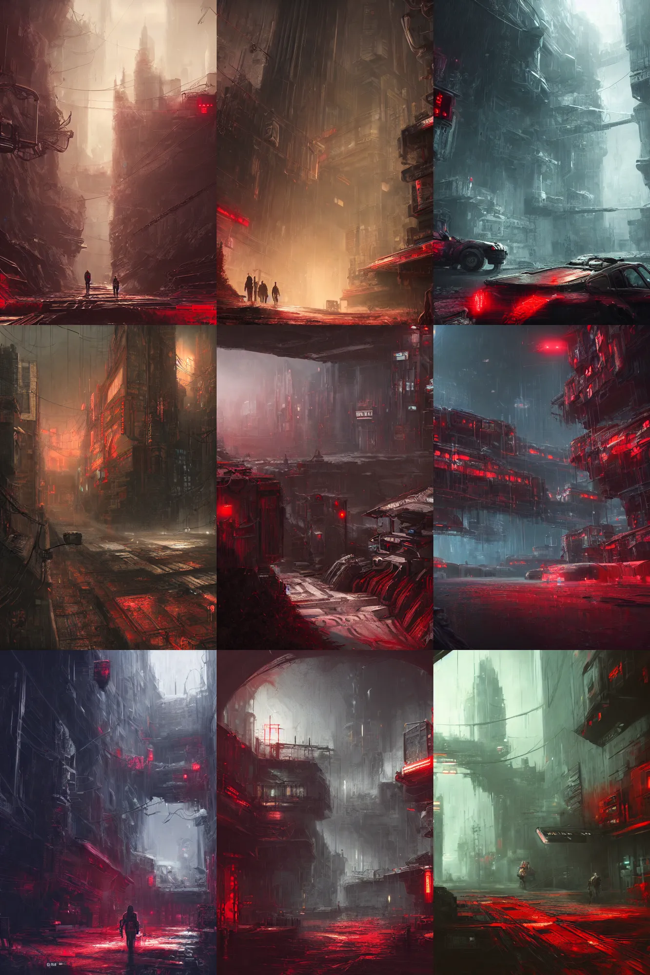 Prompt: highly detailed landscapes half life, dark, red, cyberpunk, 4 k, unreal engine, detailed and intricate environment, digital paining, concept art
