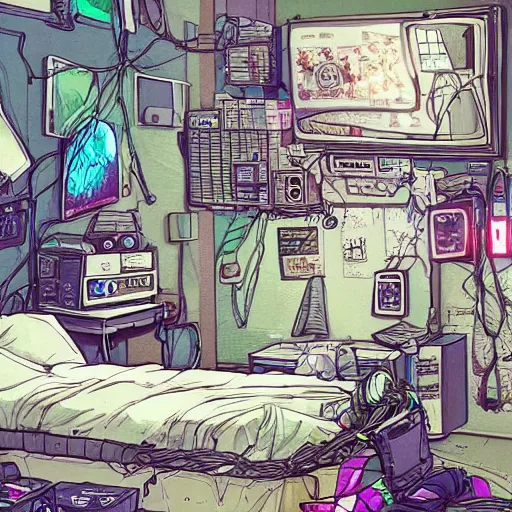 Prompt: a highly detailed illustration of a messy gamer's bedroom, tangled wires, dim lights, messy bed, a sink, cyberpunk, dystopian, artstation