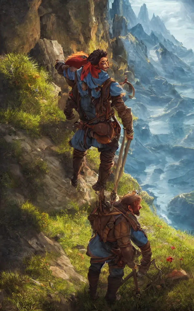 Image similar to an oil art painting of young handsome fool adventurer with adventurer hiking backpack, grim gwent card, gipsy mage adventurer character design from inquisition, climbing up a cliffside, 4 k, ultra detail, volumetric lighting, unreal engine, octane render