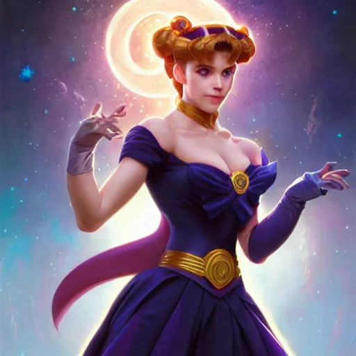 Image similar to Mark Hamill as Sailor Moon, western, D&D, fantasy, intricate, elegant, highly detailed, digital painting, artstation, concept art, matte, sharp focus, illustration, art by Artgerm and Greg Rutkowski and Alphonse Mucha