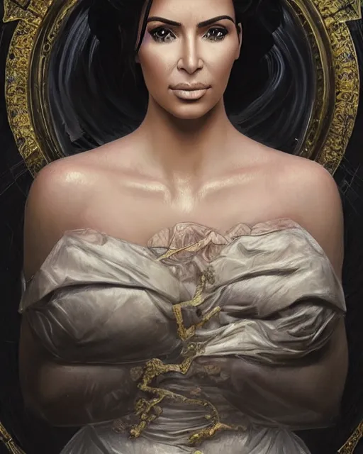 Image similar to A film still of kim kardashian as Lady Dimitrescu in resident evil , highly detailed, digital painting, artstation, concept art, sharp focus, illustration, cinematic lighting, art by artgerm and greg rutkowski and alphonse mucha diffuse lighting, fantasy, intricate, elegant, highly detailed, lifelike, photorealistic, digital painting, artstation, illustration, concept art, smooth, sharp focus, art by John Collier and Albert Aublet and Krenz Cushart and Artem Demura and Alphonse Mucha