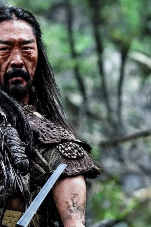 Prompt: predator film shot in feudal japan staring hiroyuki sanada as a disgraced ronin, who hunts down the predator after he fails to protect his master from it