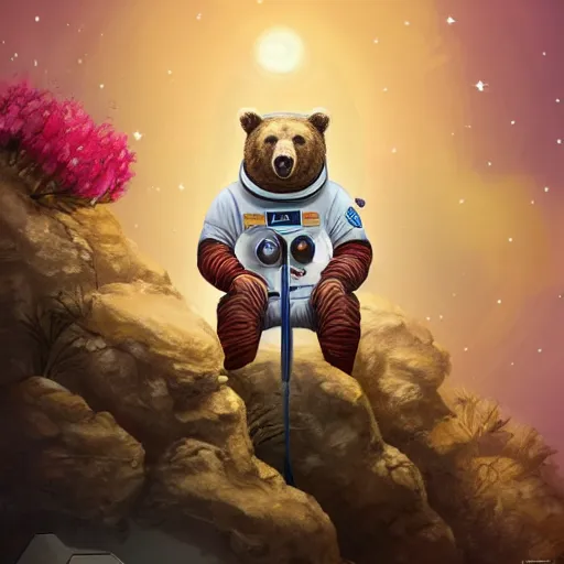 Prompt: a bear in a astronaut suit sitting on a rock on Mars surrounded by flowers, with the sky full of stars, digital art, trending on artstation, HDR